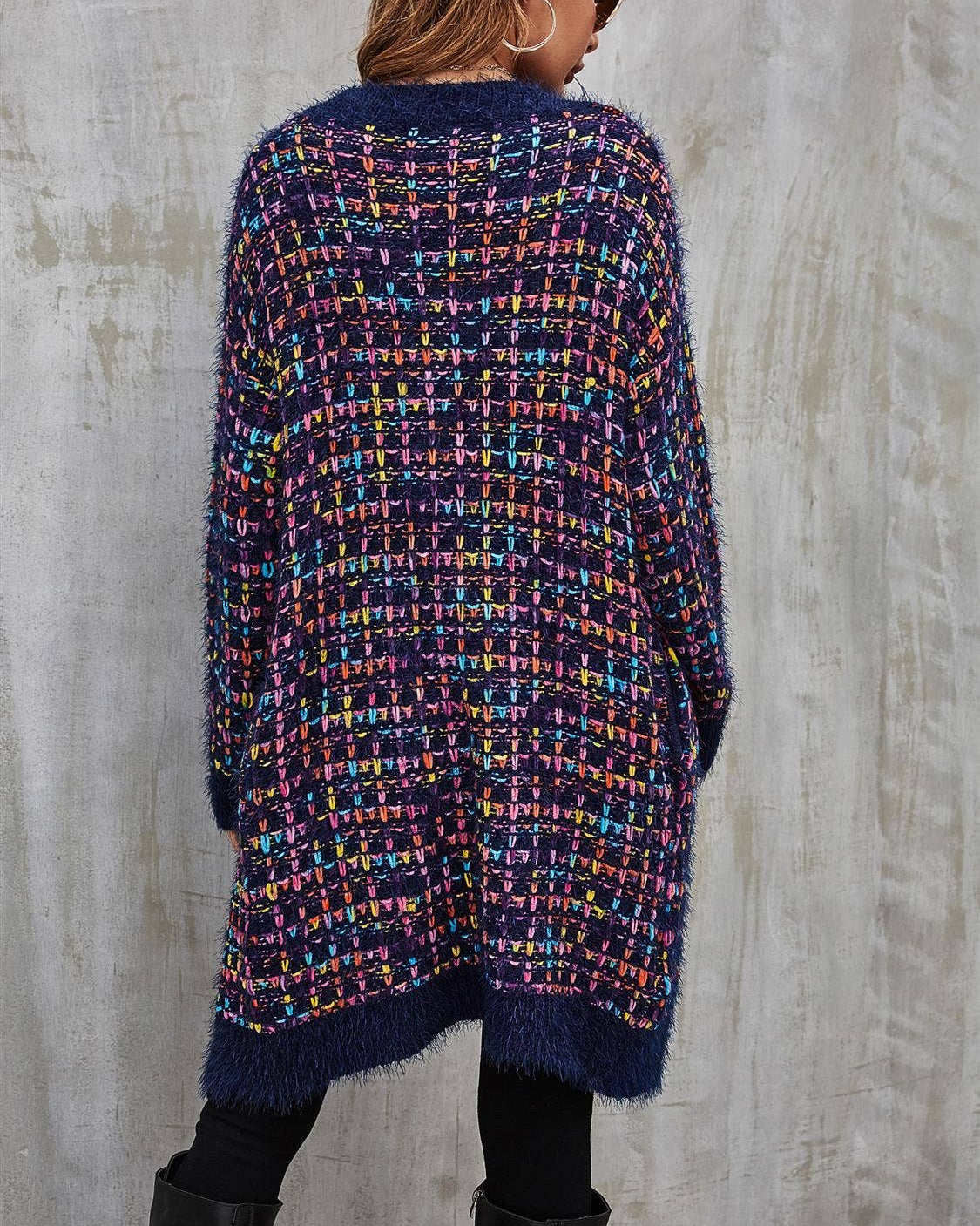 Speckles Boucle Check Cardigan In Navy