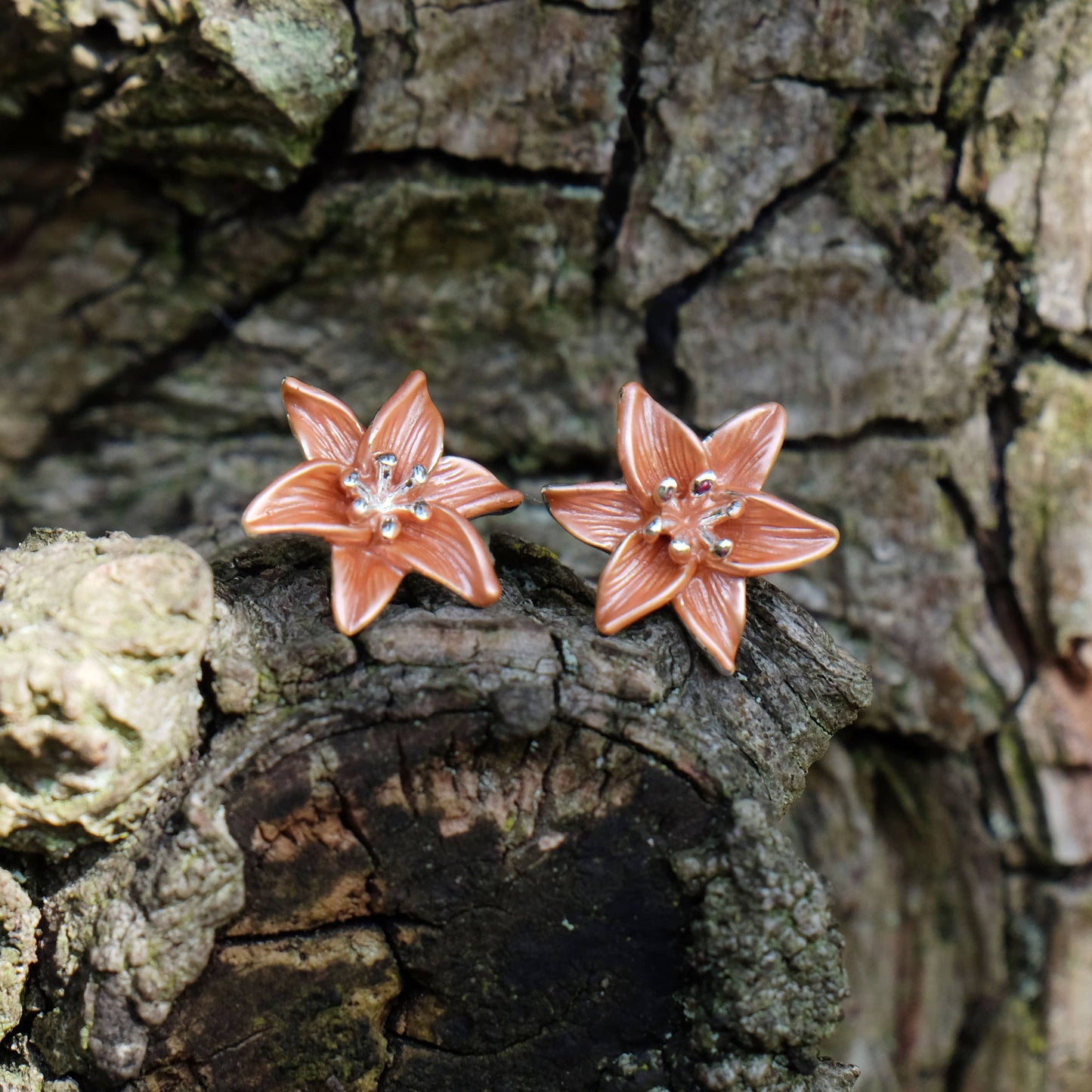 Orange Tiger Lily Flower Stud Earrings