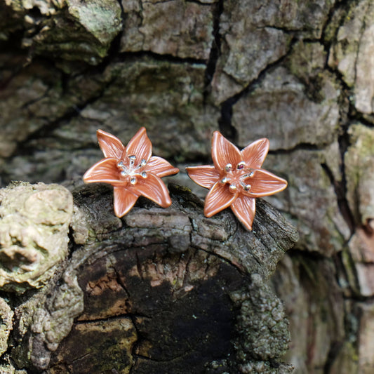 Orange Tiger Lily Flower Stud Earrings