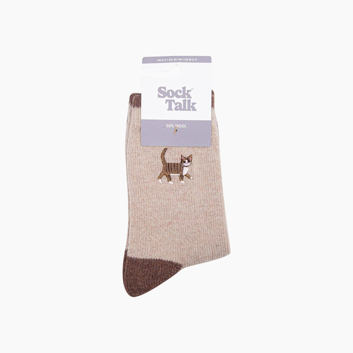 Tabby Cat Embroidered Wool Socks in Beige