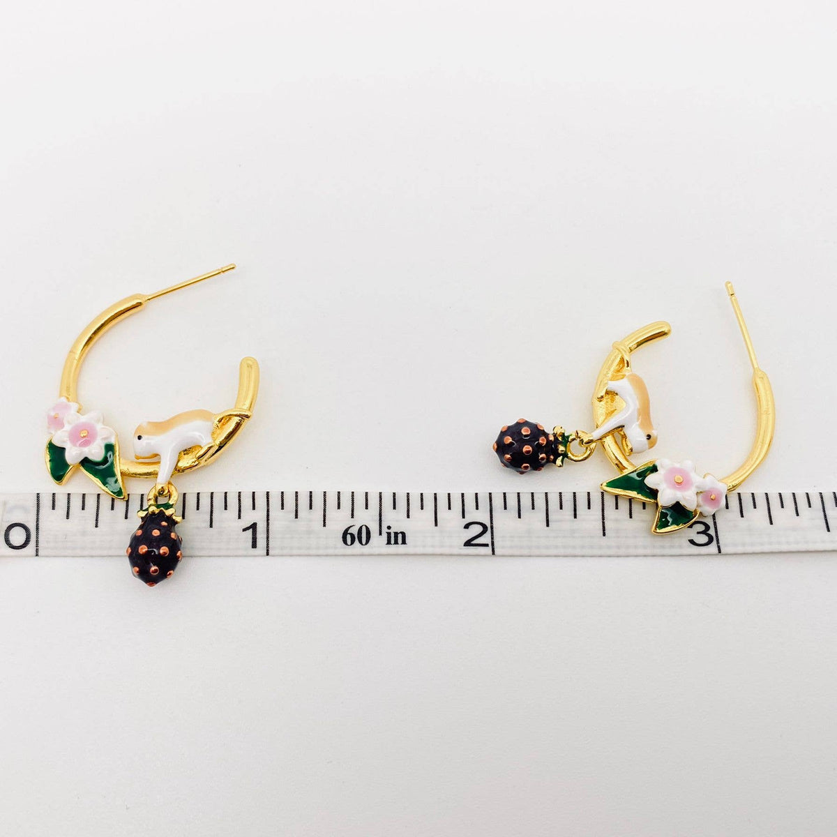 Chipmunk Picking Raspberries Enamel Hoop Earrings