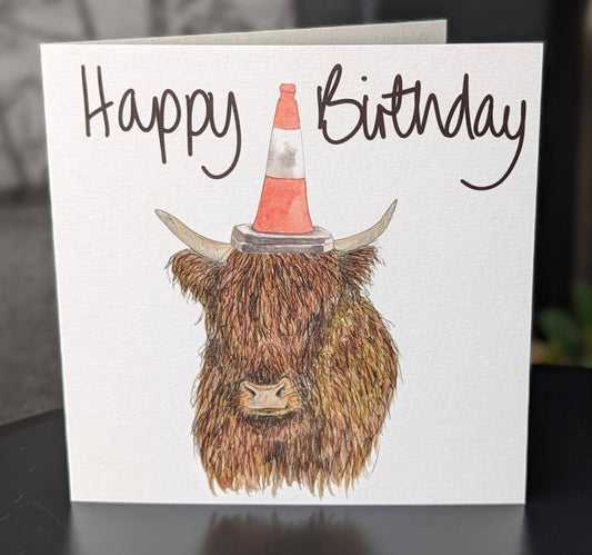 Traffic Cone Highland Cow Birthday Card
