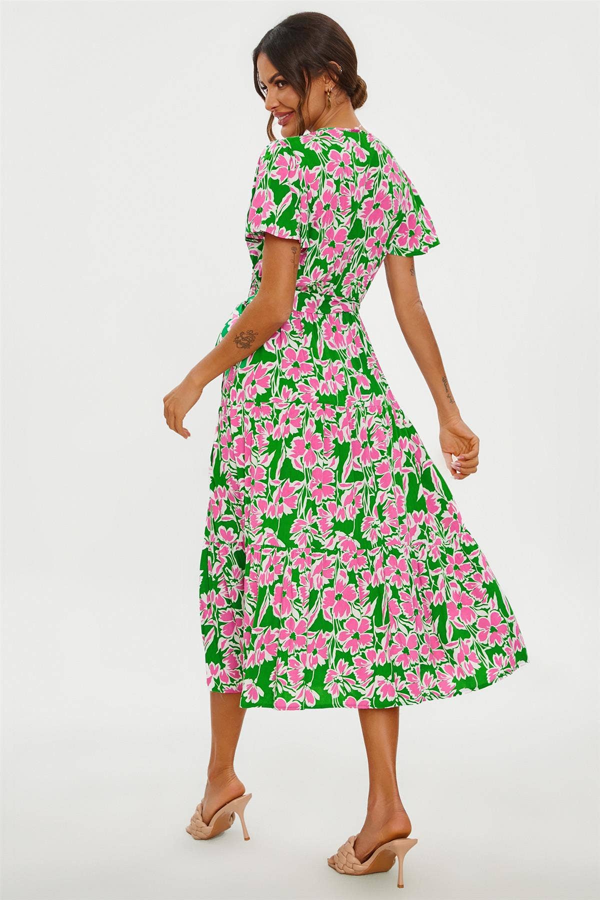 Pink Floral Print Hem Tiered Wrap Midi Dress In Green