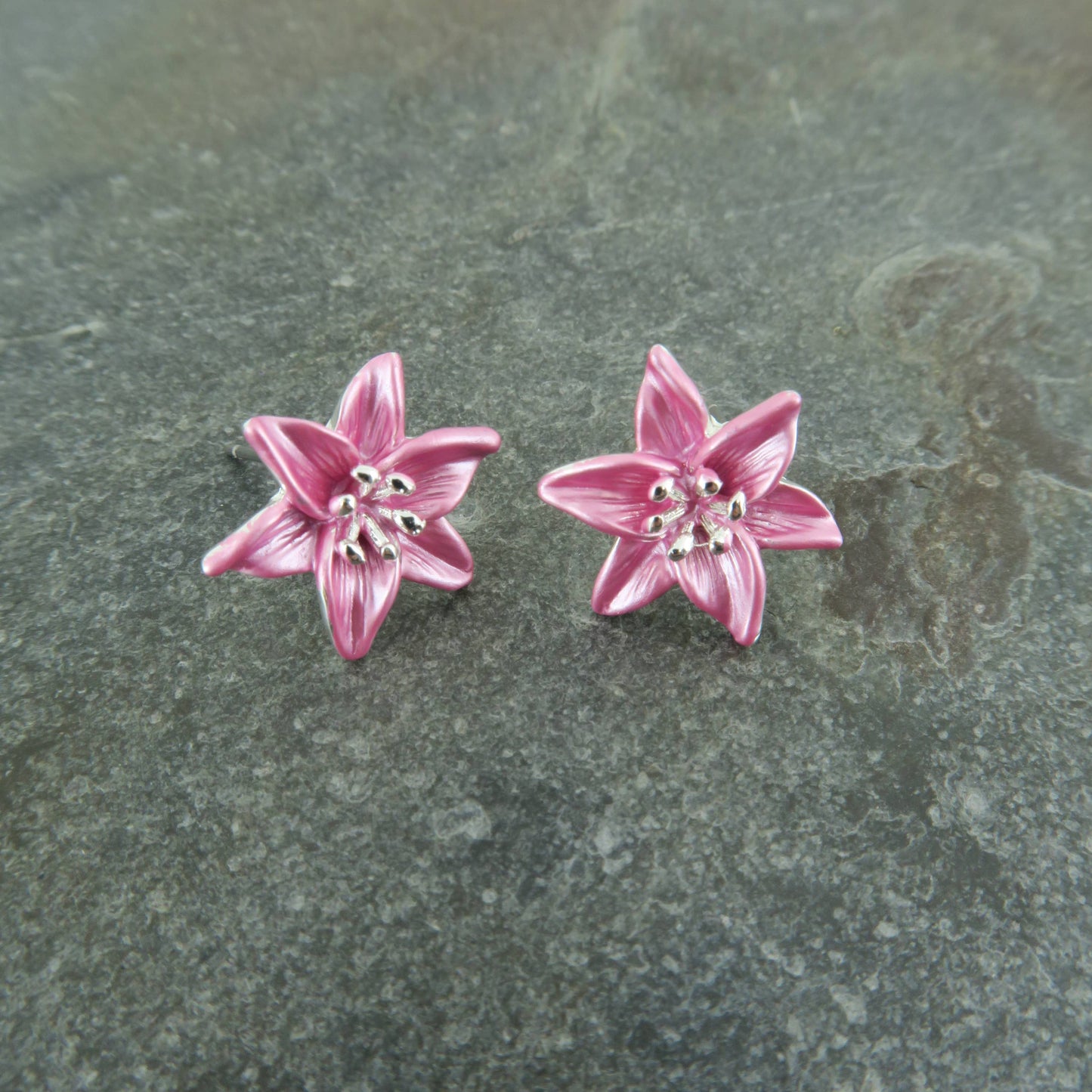 Lily Pink Star Gazer Flower Stud Earrings