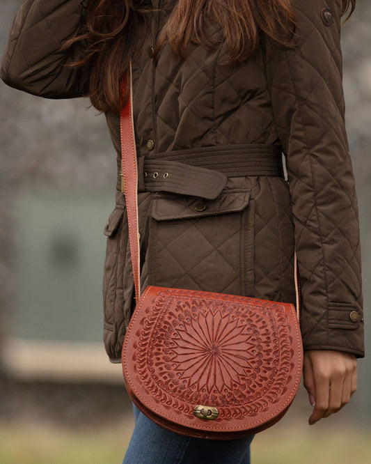 Embossed Leather Saddle Bag In Tan