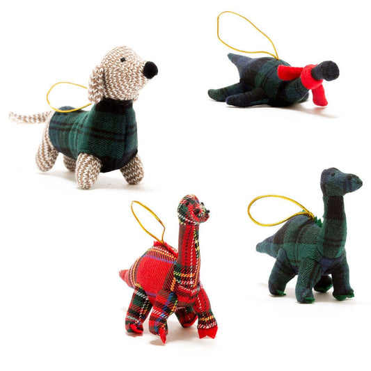 Knitted Diplodocus Dinosaur Hanging Ornament in Red Tartan