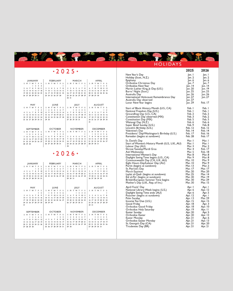 Mushrooms 2025 to 2026 2 Year Pocket Planner