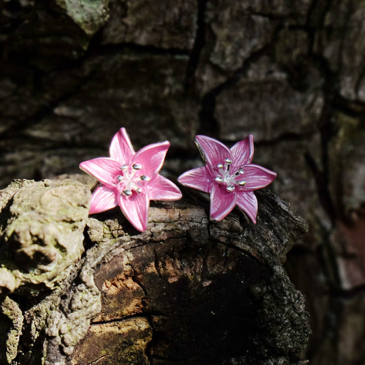 Lily Pink Star Gazer Flower Stud Earrings
