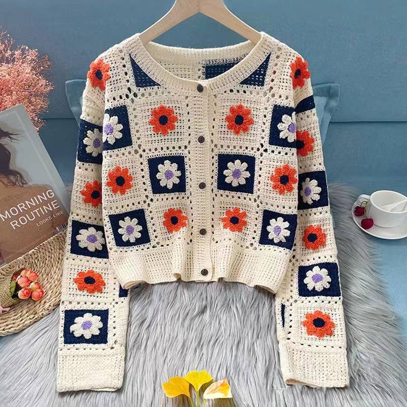 Crochet Daisy Knit Square Cardigans in Assorted Colours