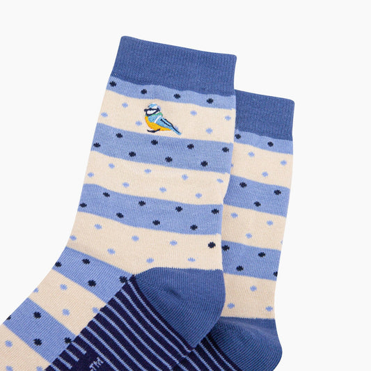 Embroidered Blue Tits Combed Cotton Socks in Blue