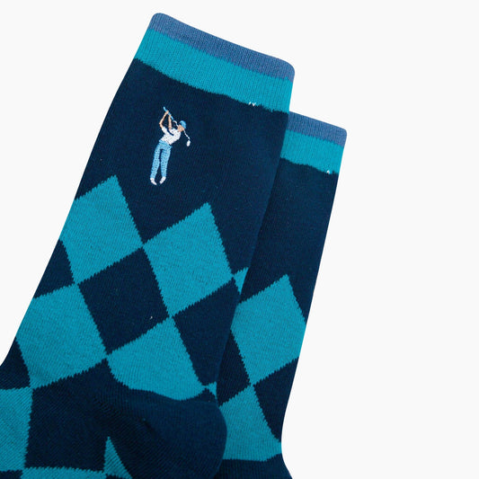 Embroidered Golfer Argyle Combed Cotton Socks in Blue