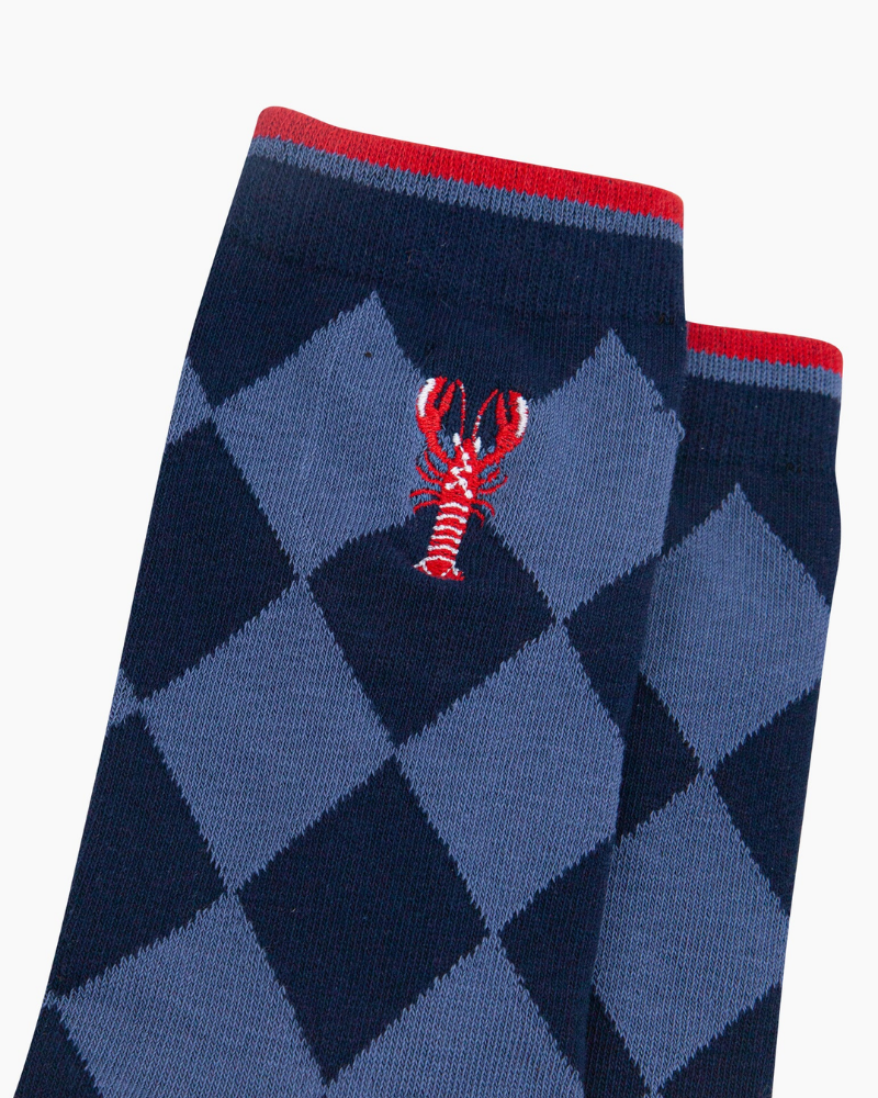 Embroidered Lobster Argyle Combed Cotton Socks in Blue