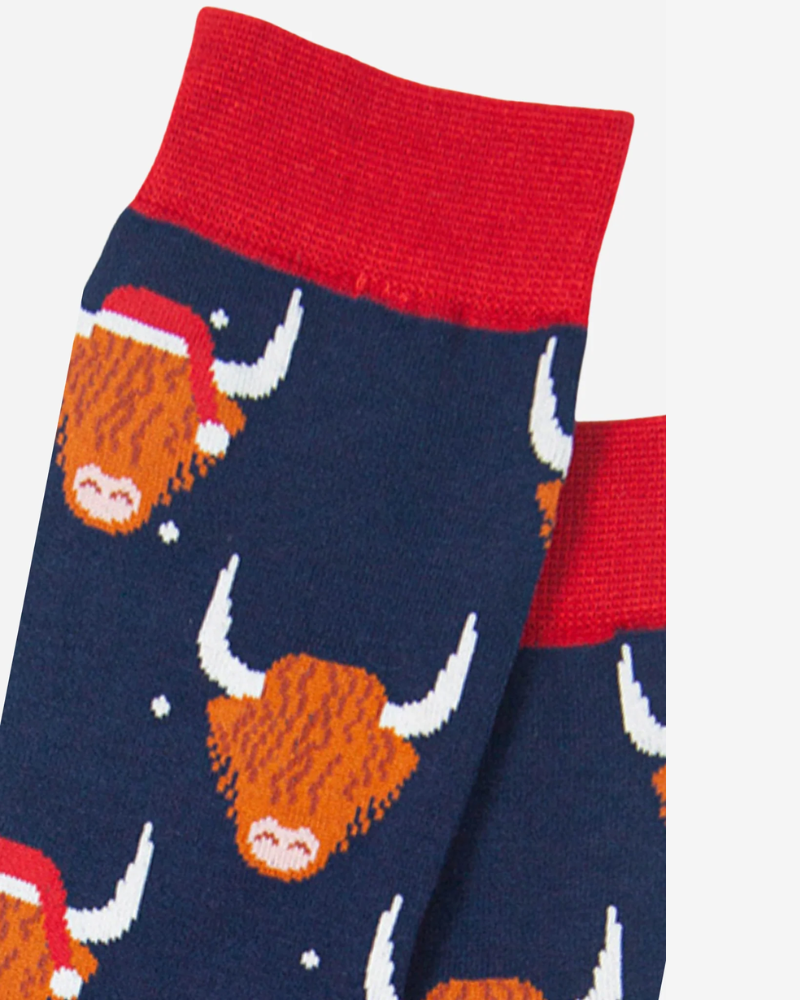 Blue Santa Highland Cows Bamboo Socks