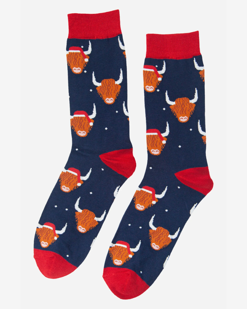 Blue Santa Highland Cows Bamboo Socks
