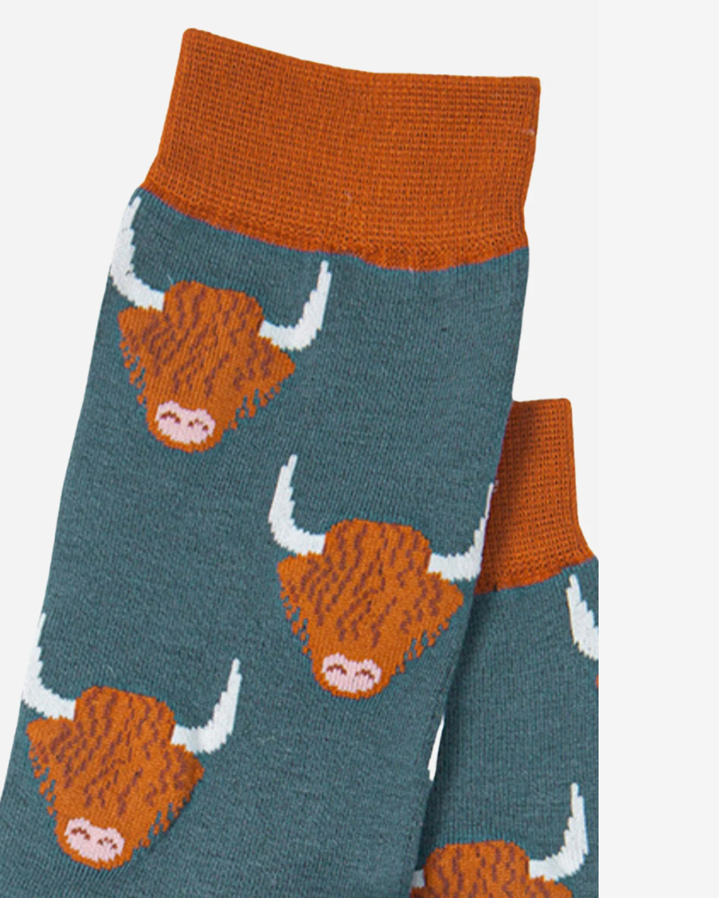 Teal Highland Cows Bamboo Socks