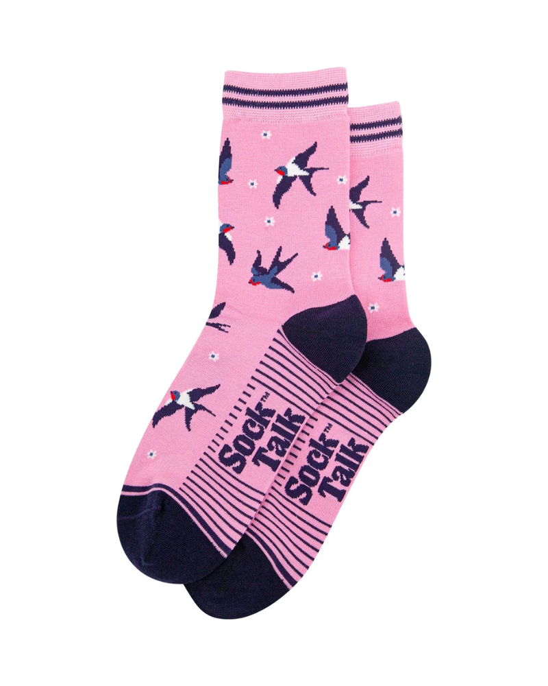 Blue Swallow Bird Bamboo Socks in Pink
