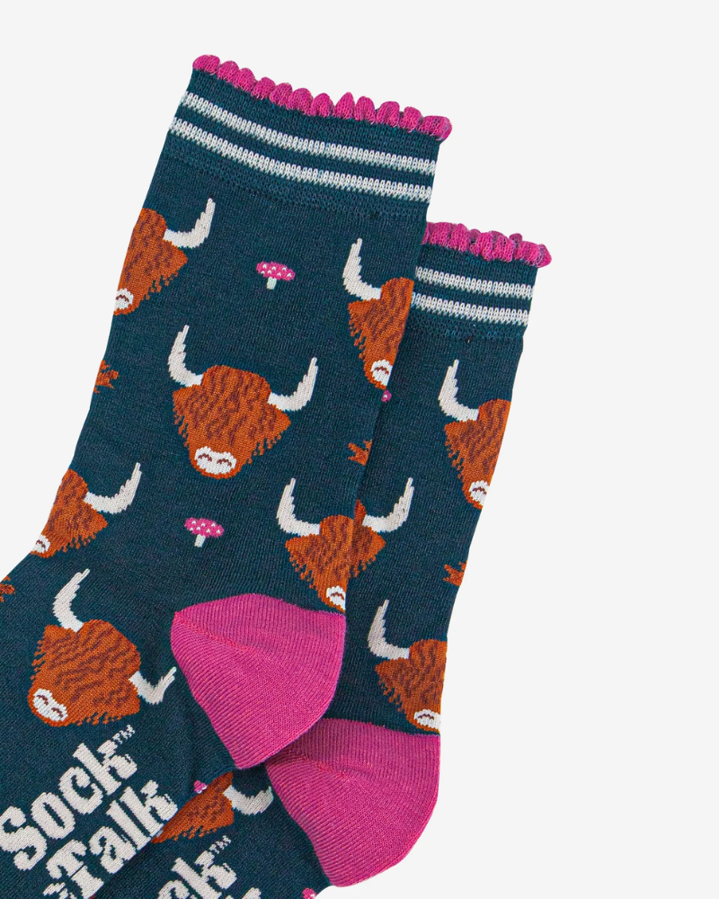 Highland Cow Leaves & Toadstools Bamboo Socks