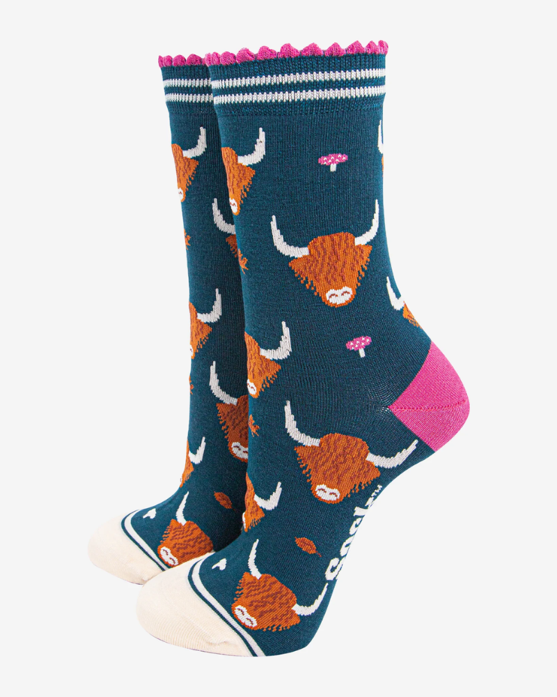 Highland Cow Leaves & Toadstools Bamboo Socks