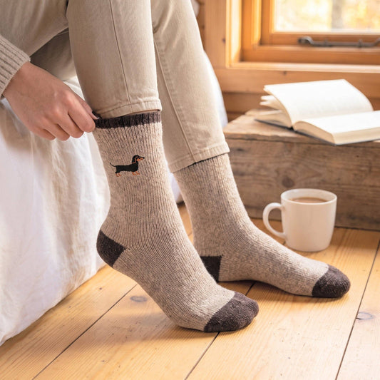 Sausage Dog Embroidered Wool Socks in Beige