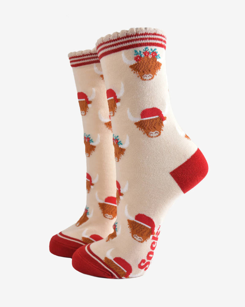 Cream & Red Christmas Highland Cows Bamboo Socks