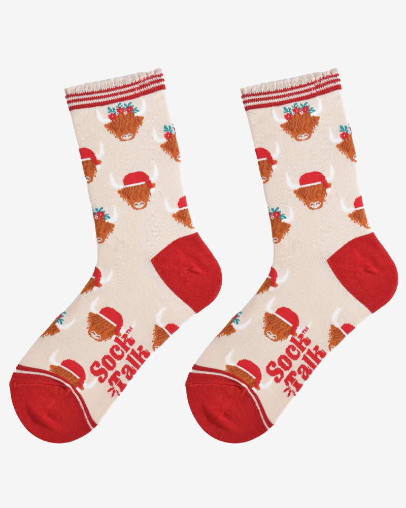 Cream & Red Christmas Highland Cows Bamboo Socks