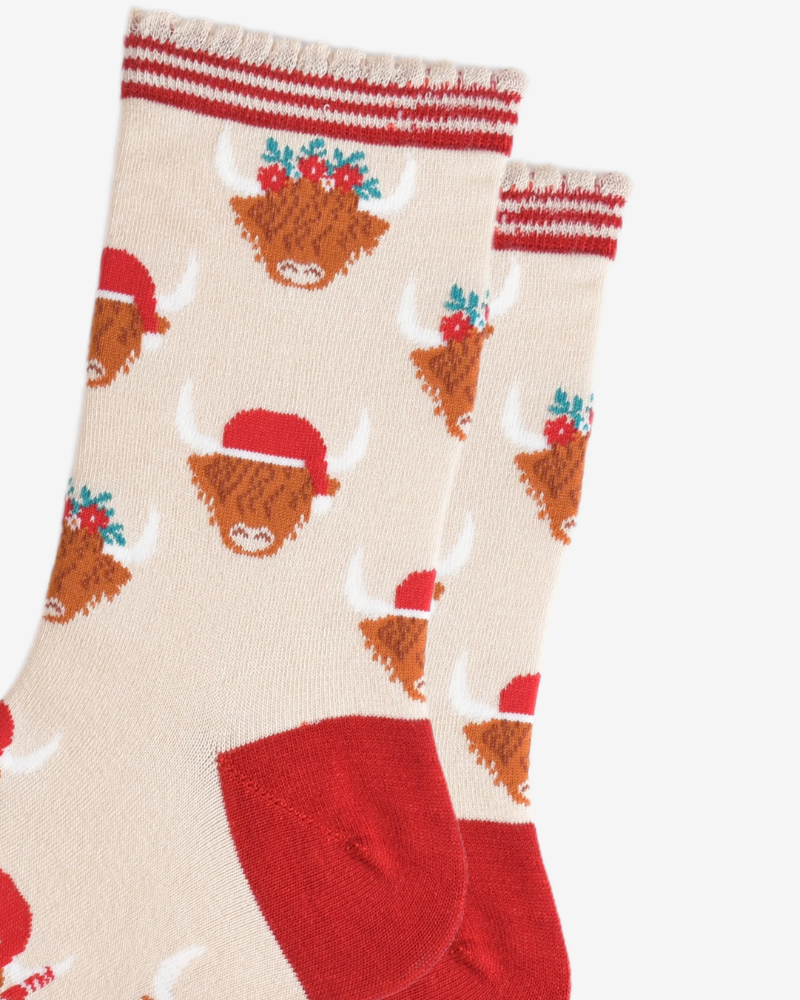 Cream & Red Christmas Highland Cows Bamboo Socks