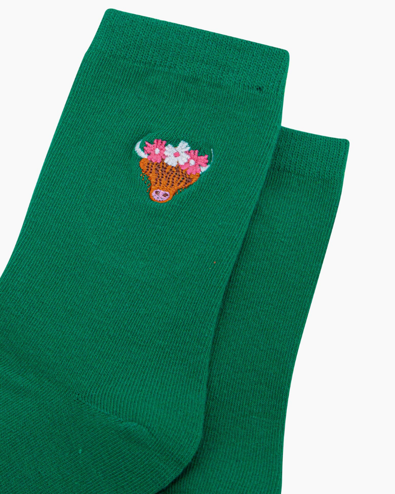 Highland Cow Flower Crown Embroidered Cotton Socks