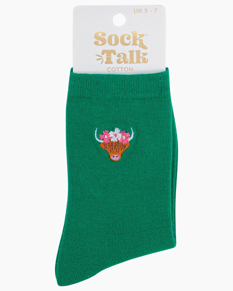 Highland Cow Flower Crown Embroidered Cotton Socks