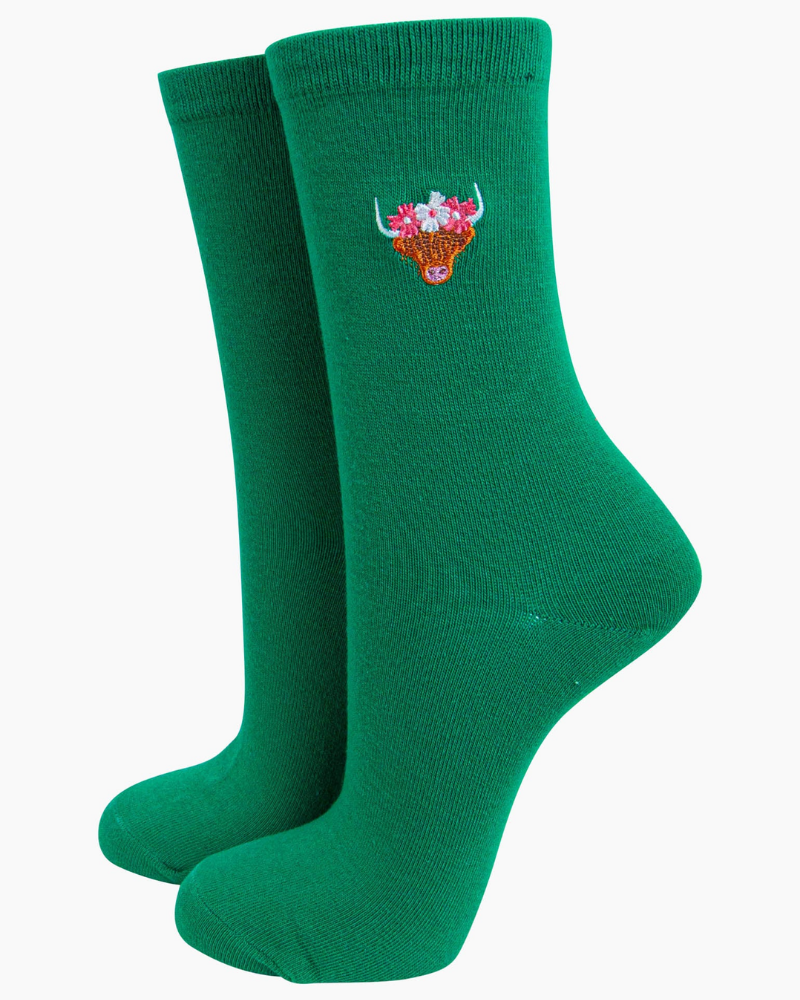 Highland Cow Flower Crown Embroidered Cotton Socks