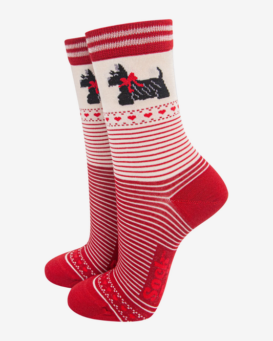 Red Stripe Scottish Terrier Bamboo Socks