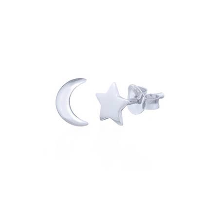 Silver Moon and Star Mismatch Stud Earrings