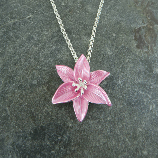 Lily Pink Star Gazer Flower Pendant Necklace