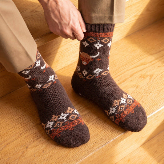 Highland Cow Patterned Wool Socks in Brown