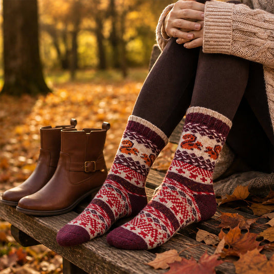 Squirrel Patterned Wool Socks in Cream/Burgundy