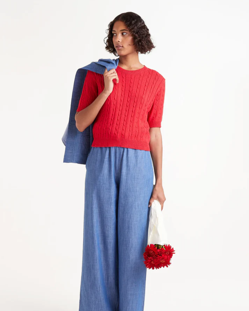 Red Cable Knit Short Sleeve Jumper