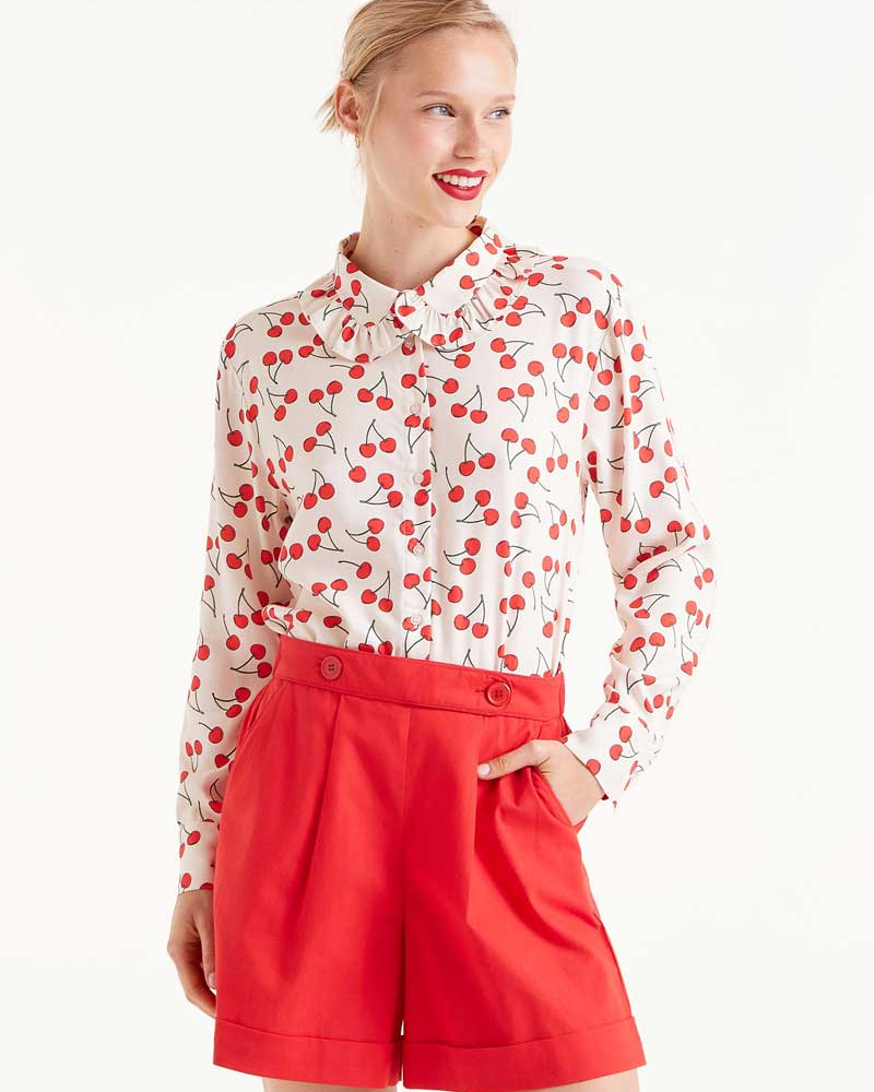 Cherries Print Frill Collar Blouse