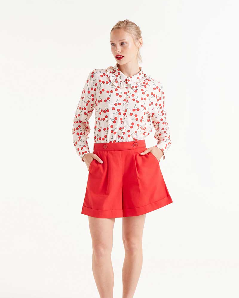 Cherries Print Frill Collar Blouse