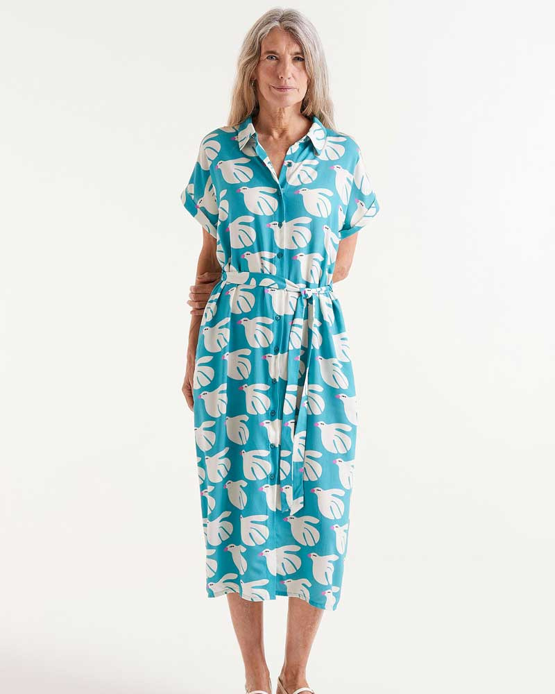 Doves Print Belted Midi Dress