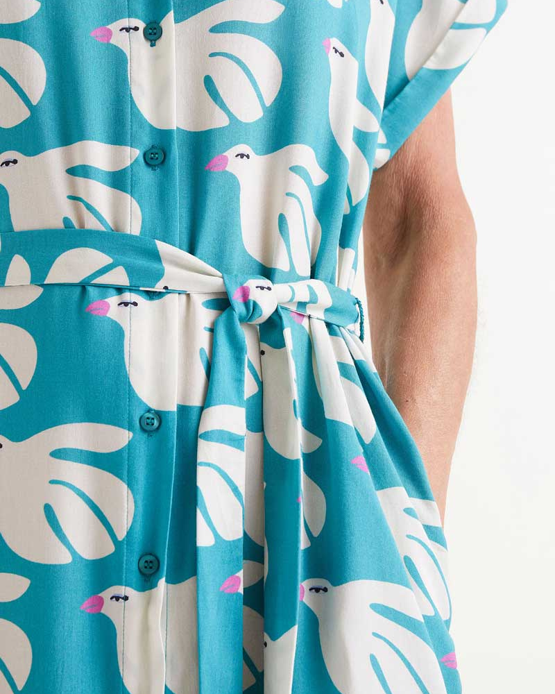 Doves Print Belted Midi Dress