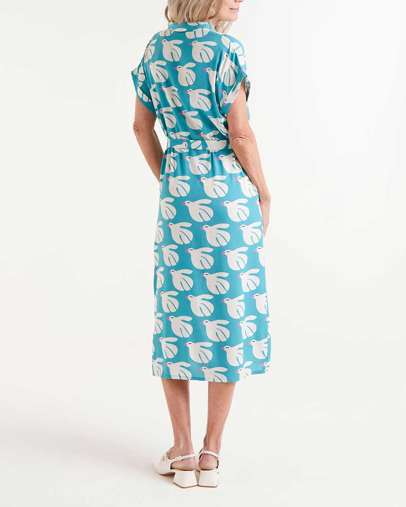 Doves Print Belted Midi Dress