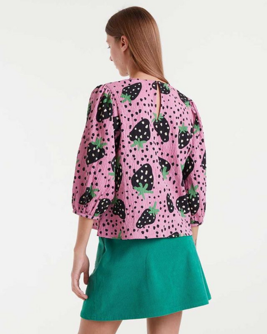 Morango Strawberry Print Seersucker Blouse by Compania Fantastica
