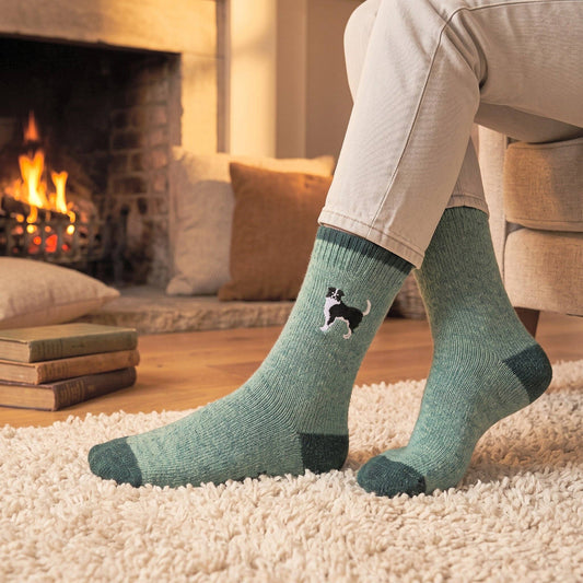 Collie Dog Embroidered Wool Socks in Green