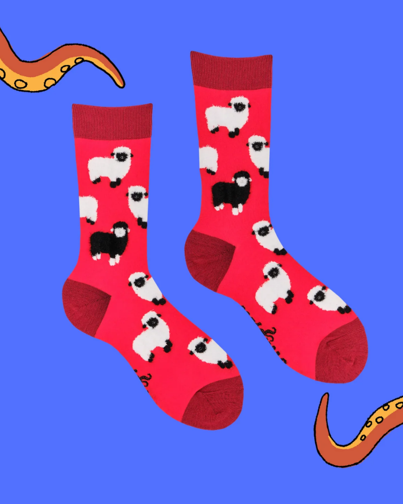 Red Fluffy Sheep Crew Socks