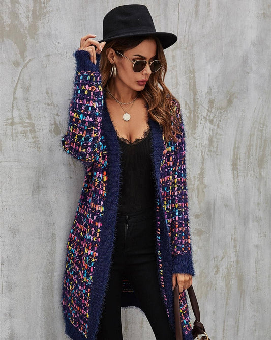 Speckles Boucle Check Cardigan In Navy