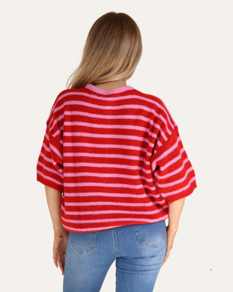 Striped Baby Alpaca Cardigan in Pink/ Red