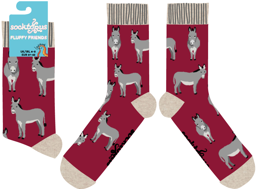 Fluffy Donkey Crew Socks in Red