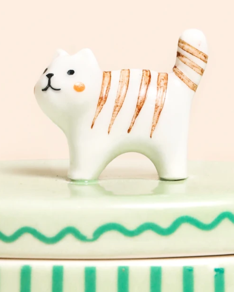 Green Oval Ceramic Cat Trinket Pot