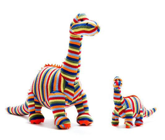 Knitted Diplodocus Dinosaur Baby Rattle in Rainbow Stripes
