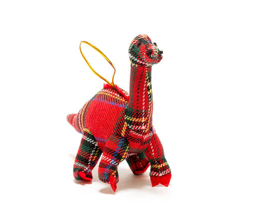 Knitted Diplodocus Dinosaur Hanging Ornament in Red Tartan