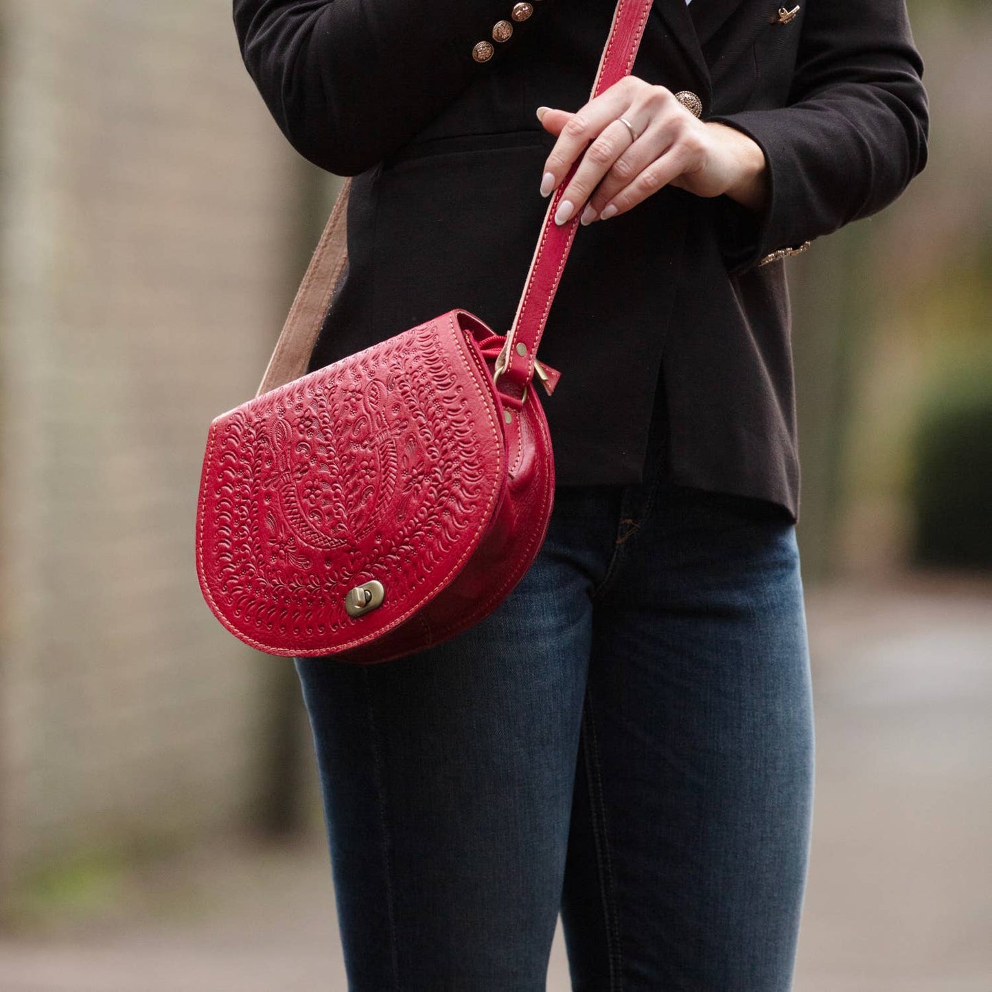 Embossed Leather Saddle Bag in Red
